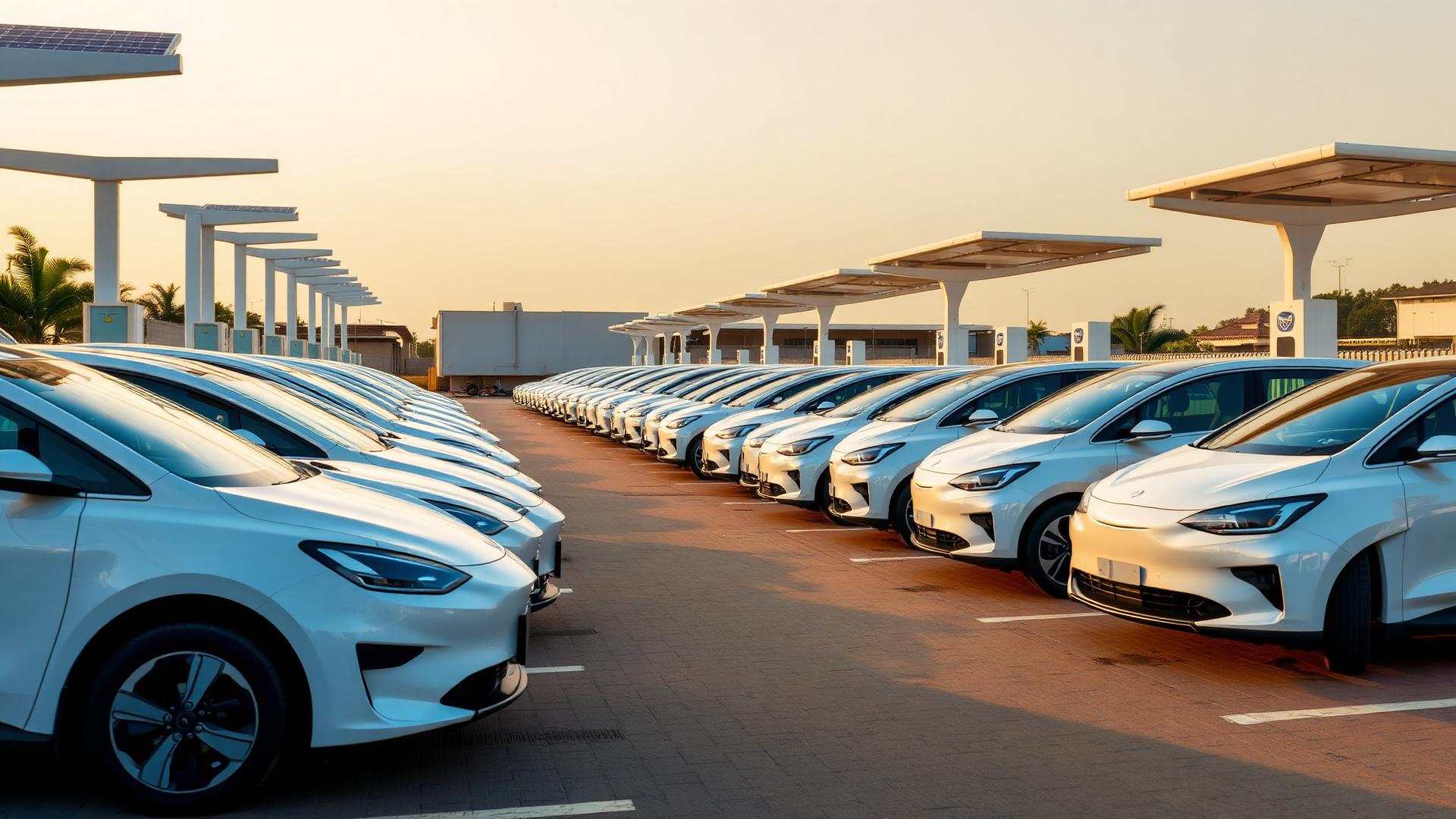 Fleet of electric vehicles charging at a solar-powered station in Nigeria